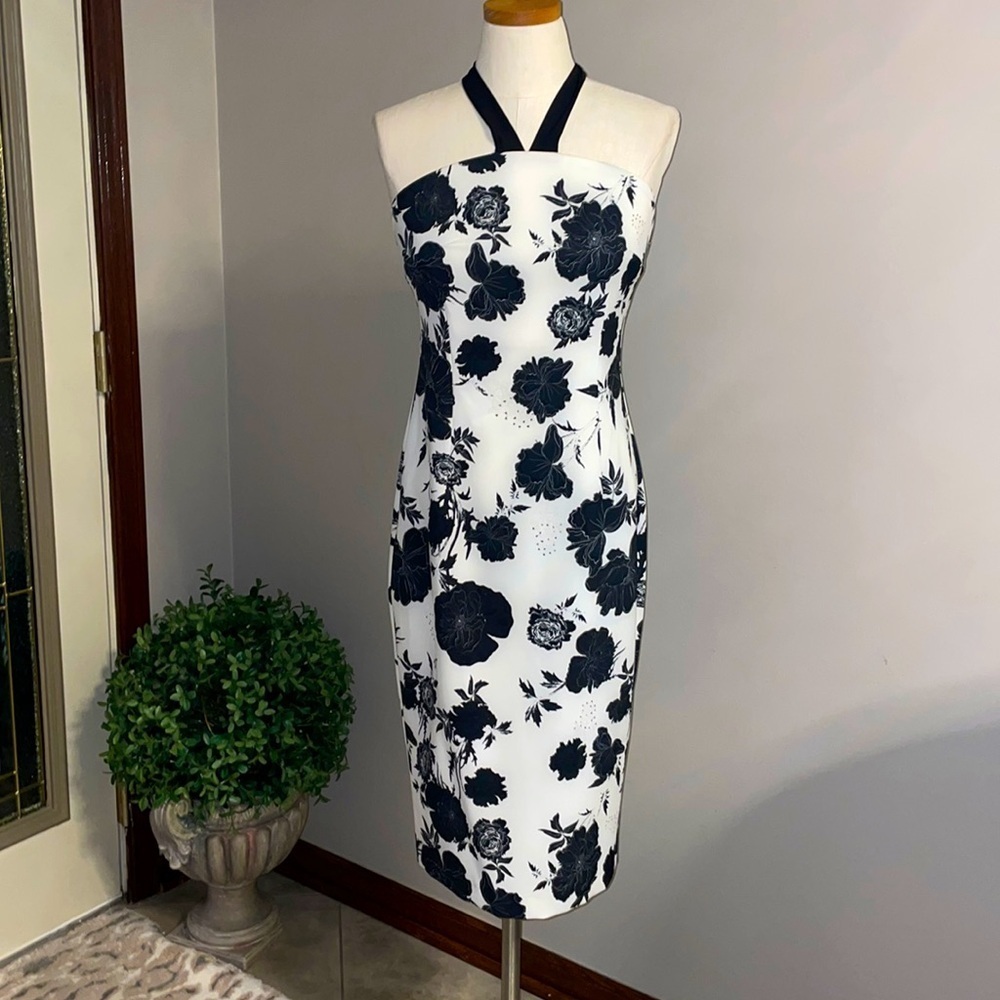 Cocktail evening halter tie midi dress bodycon stretch white with black floral 6